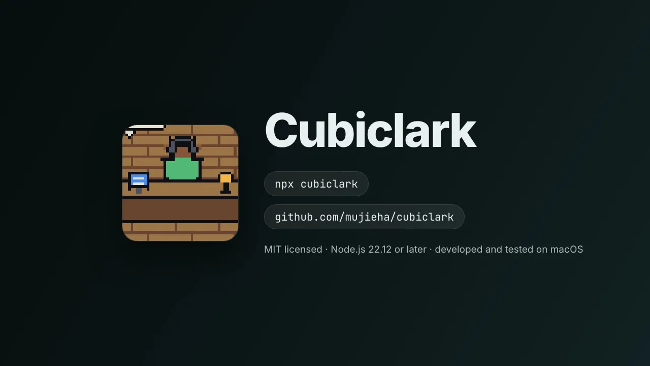 Cubiclark in 19 seconds, over an invented working day: live Claude Code agents as characters at desks in a pixel-art office, with Morty the office corgi, who is not an agent; the panel and the plain list; the same agents as text in the terminal with cubiclark tui; four points, that it runs on 127.0.0.1, never calls a model, needs nothing installed to read transcripts, and is live and precise with hooks; and the install command, npx cubiclark